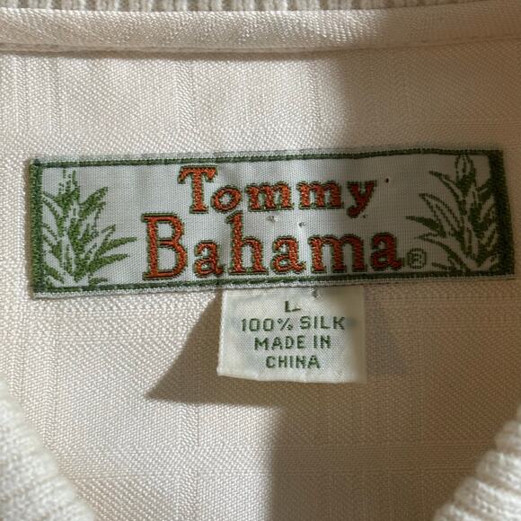Tommy Bahama Men's Size Large Beige Silk Hawaiian Summer Beach Camp Polo Shirt - Picture 3 of 9